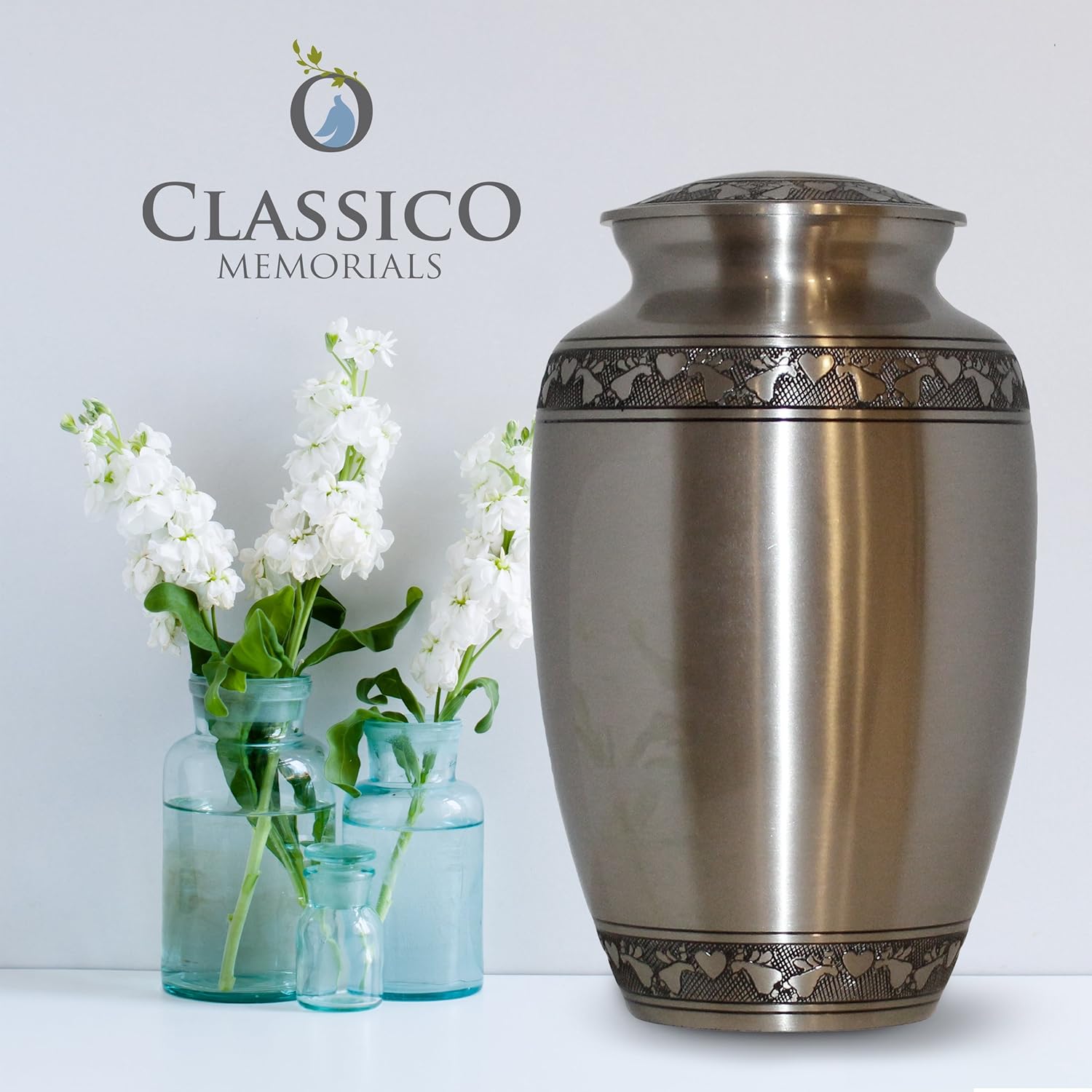 Cremation Funeral Urn for Human Ashes - Memorial Suitable for Burial - Cremation Urn with Band of Angels and Hearts (Silver)