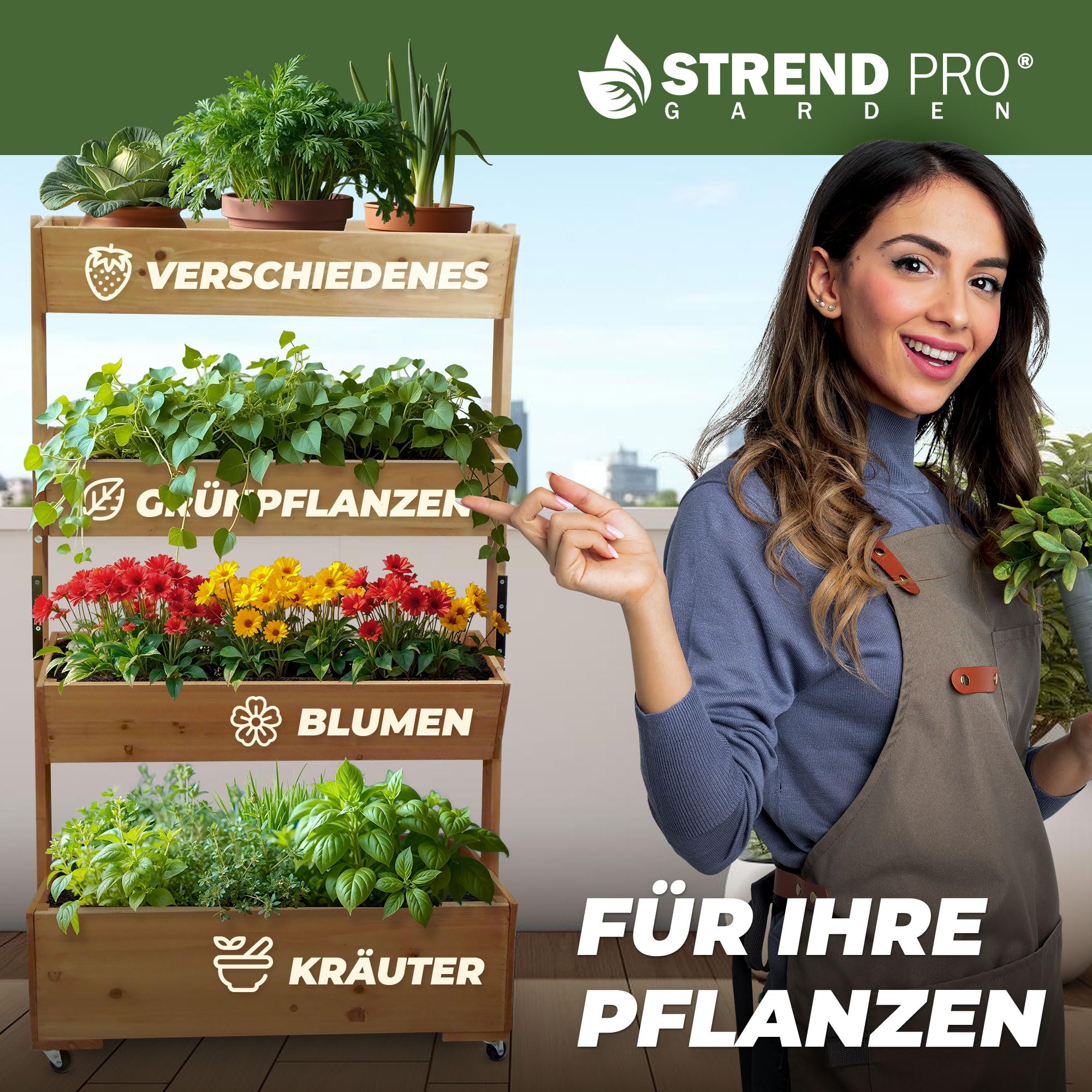 STREND PRO Balkon Hochbeet 4 Etagen Holz | 147x85x45cm (HxBxT) | Wetterfestes Vertikalbeet Pflanzentreppe Outdoor | Kräuterbeet Balkon für Blumen, Kräuter & Gemüse – für Terrasse, Garten