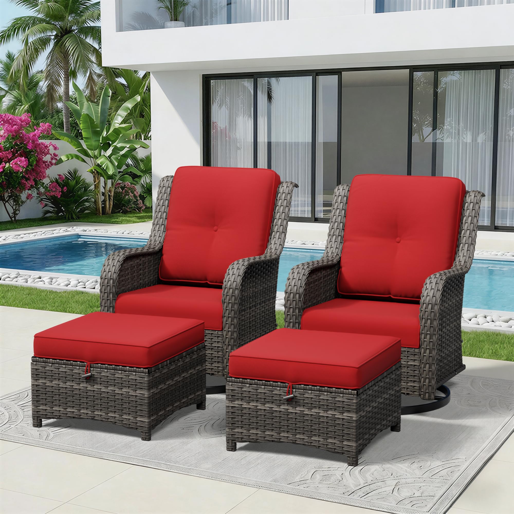 4 Piece Outdoor Wicker Patio Furniture Set, Outdoor Swivel Rocker Patio Chairs Set with Thickened Olefin Cushions, High Back and Deep Seating, Hand-Woven PE Rattan, Ottoman for Porch, Deck