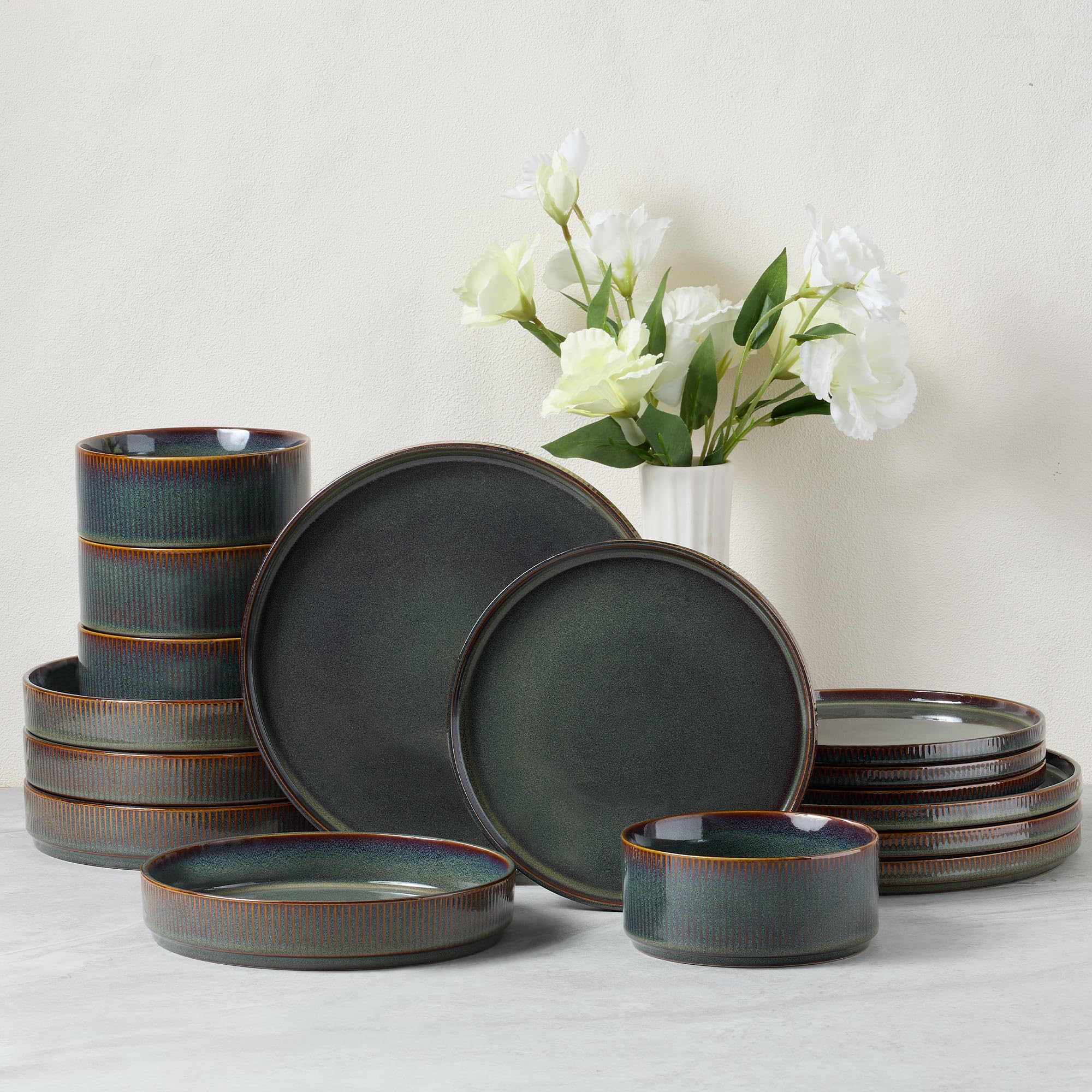 E-far 16 Piece Dinnerware Sets, Plates and Bowls with Pasta Bowls Service for 4, Modern Stoneware Ribbed Dishes for Kitchen Dining, Microwave &amp; Dishwasher Safe, Blackish Green