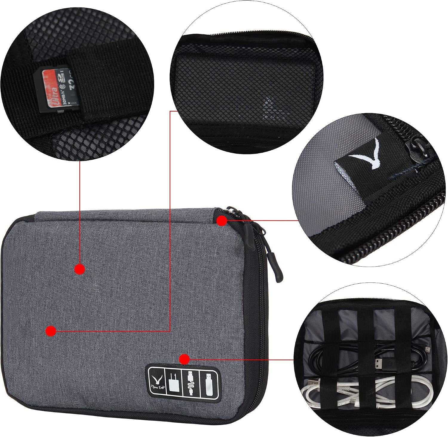 Hynes Eagle Travel Universal Cable Organizer Electronics Accessories Cases for Various USB Phone Charger and Cable Grey