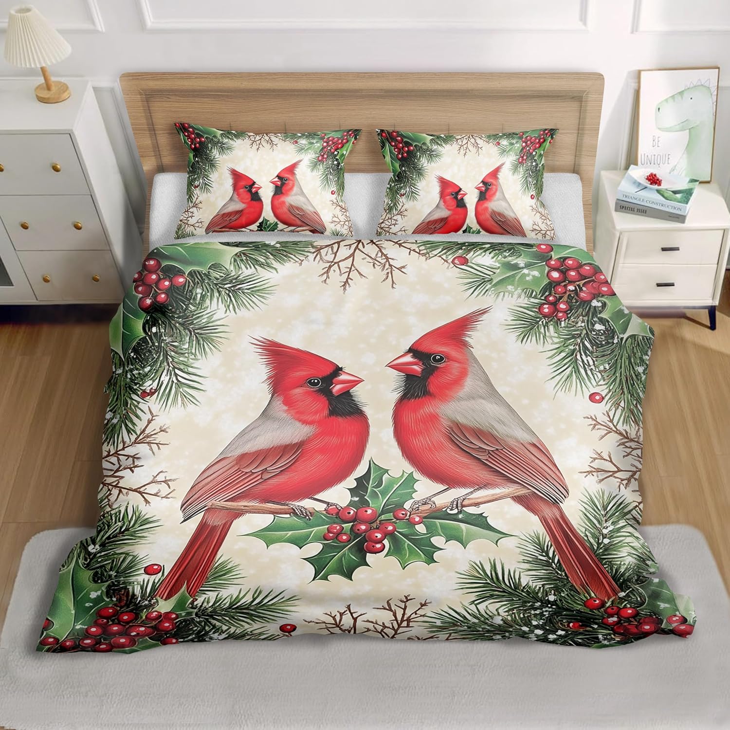 Reofrey 3-Piece Queen Comforter Cover Set with Christmas Birds Cartoon Patterns - Queen Size Microfiber Bedding Set Includes 90"x90" Duvet Cover and 2 Pillowcases, for Boys, Girls, Adult Room Decor