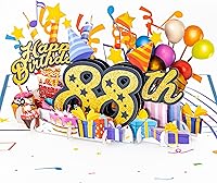 Vista 1 de iGifts And Cards Tarjeta desplegable 3D de feliz cumpleaños 88 – Diseño azul con números de purpurina, globos, pasteles y regalos – Tarjeta