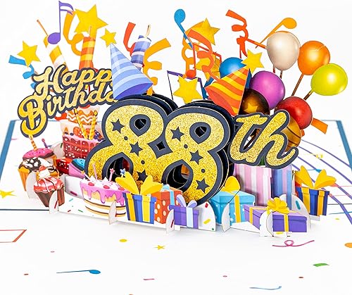 Miniatura 2 de iGifts And Cards Tarjeta desplegable 3D de feliz cumpleaños 88  Diseño azul con números de purpurina, globos, pasteles y regalos  Tarjeta de