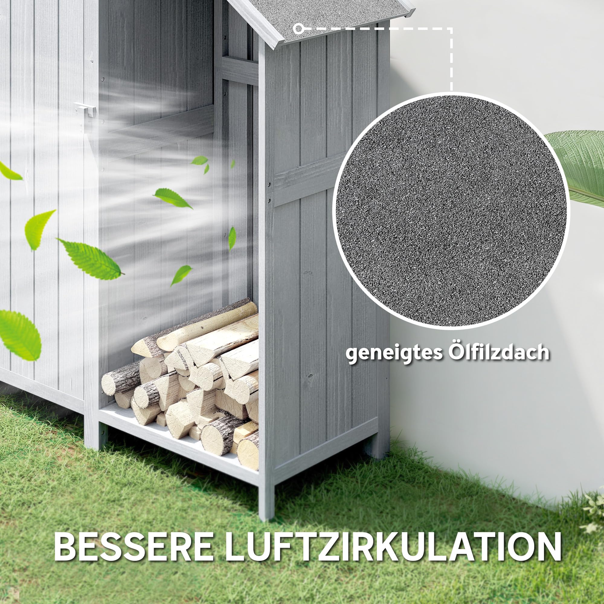 Outsunny Armoire de jardin en bois d'extérieur - Résistant aux intempéries - Avec toit en asphalte - Étagère - Armoire de rangement polyvalente pour jardin, terrasse - 129 x 51,5 x 180 cm - Gris