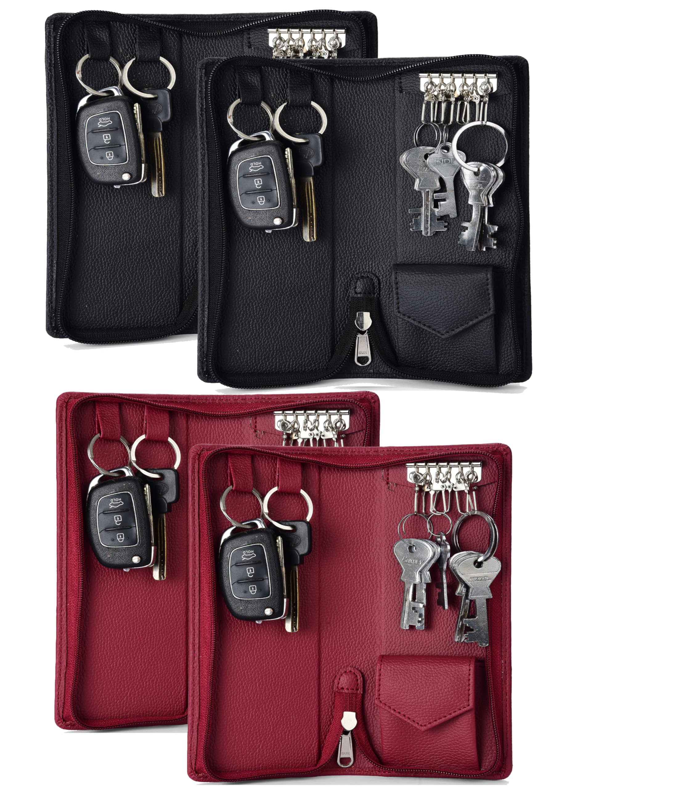 PU Leather Key Case Pouch Wallet Keychain Key pouch holder Men & Women Key Pouch Holder, Bank Locker Key Pouch with 6 Hooks Zipper Closure (Black,Cherry) (pack of 4)-image-48