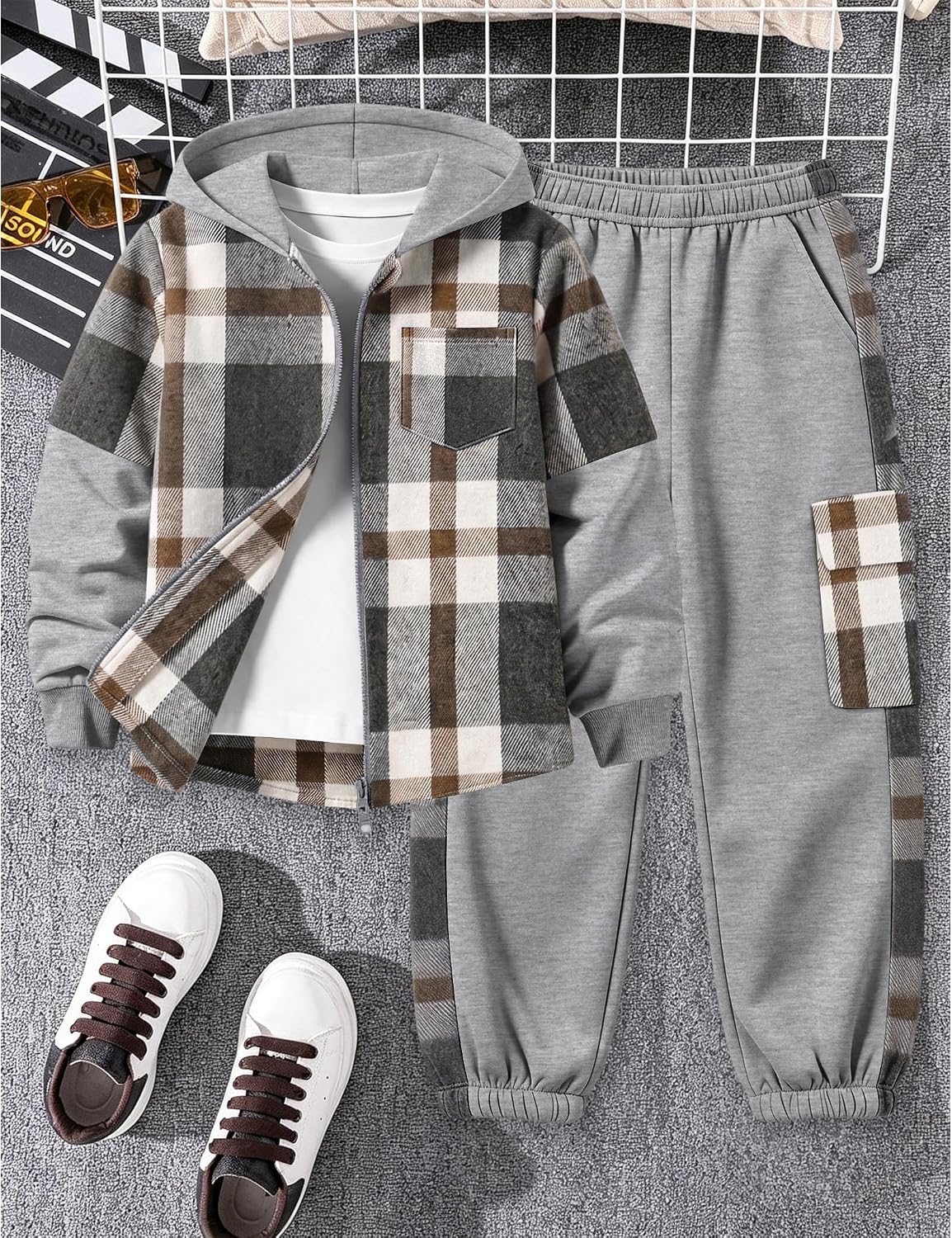 Boys Clothing Sets Plaid Hoodie T-Shirt and Pants 3PCS Size 5-12Y