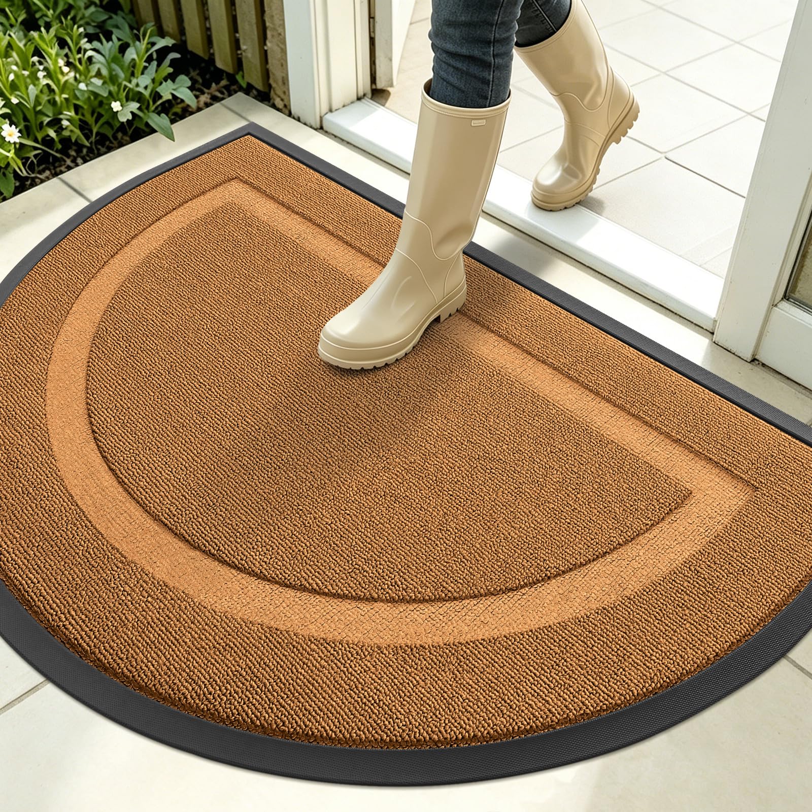 OLANLY Half Circle Front Door Mat Outside 35x23 All-Season Rubber Doormat | Tangerine Orange, Absorbent, Heavy-Duty, Stain and Fade Resistant, Non-Slip Backing, Low-Profile Indoor Outdoor Entryway Mat