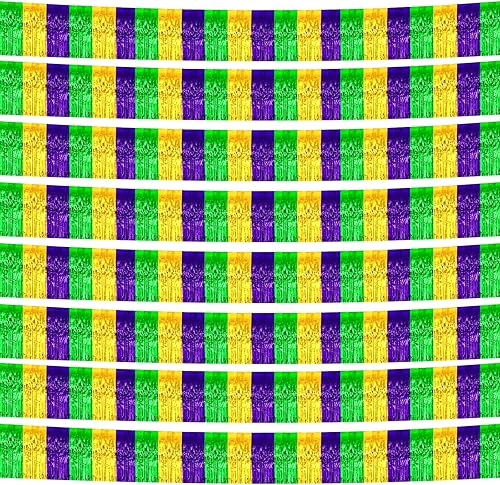Paquete de 10 guirnaldas de flecos de papel de aluminio de Mardi Gras de 10 pies con borlas metálicas para colgar en la pared, telón de fondo para
