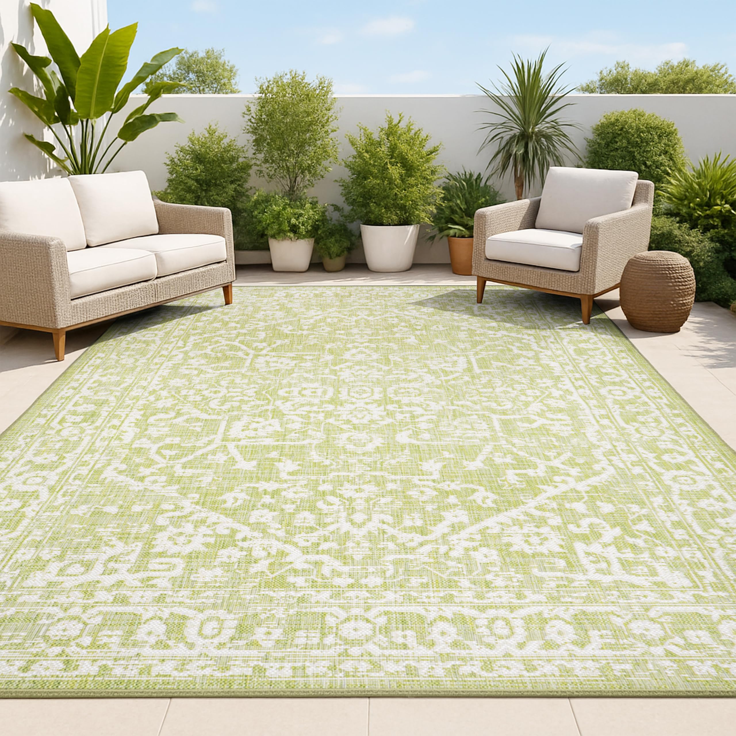 JONATHAN Y Boho Medallion Indoor Outdoor Area Rug 9X12 Green/Cream, Malta Textured Weave for Backyard, Patio, Porch, Easy-Cleaning, High Traffic, Pet-Friendly, Non-Shedding (SMB104D-9)