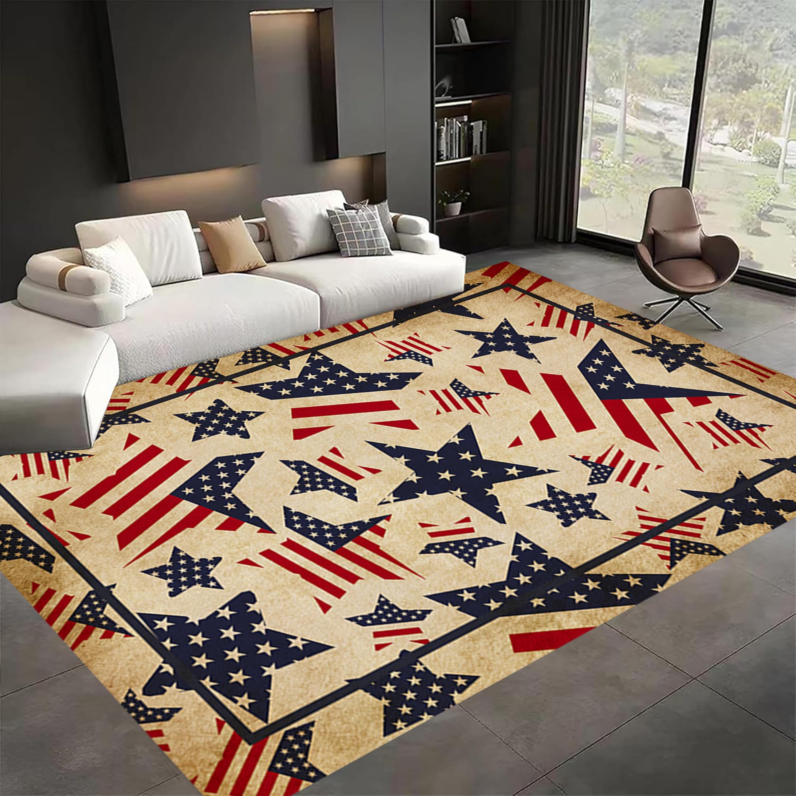 American Flag Rug, 3x5ft, Vintage 4th of July Decorations Red White and Blue Star Stripes Patriotic Area Rug, Premium Machine Washable Carpet for