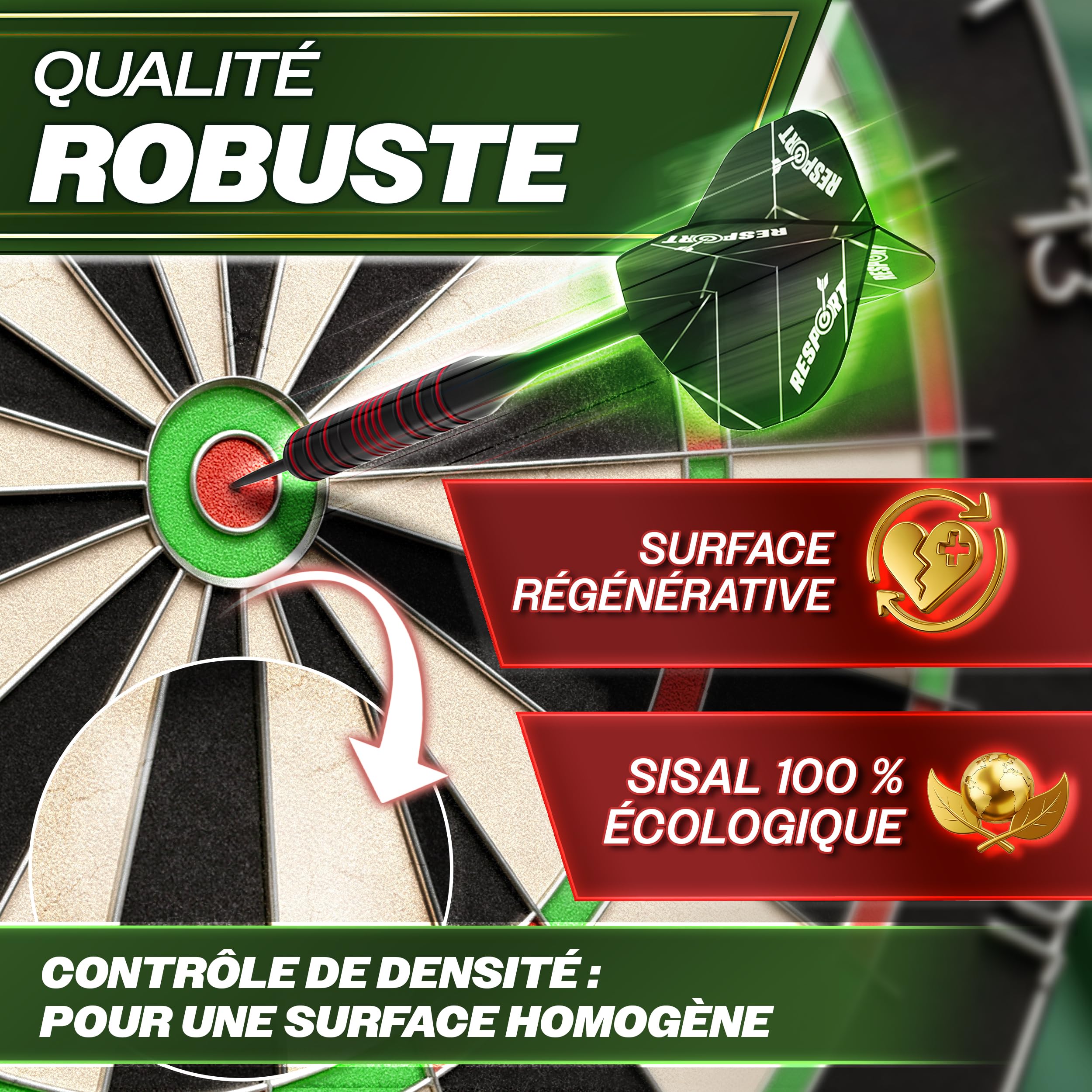 RE:SPORT® Cible de fléchettes en sisal de qualité supérieure XXL avec 9 fléchettes professionnelles + 24 ailettes Pro + accessoires | Cible de fléchettes en acier avec kit de montage | Cible de