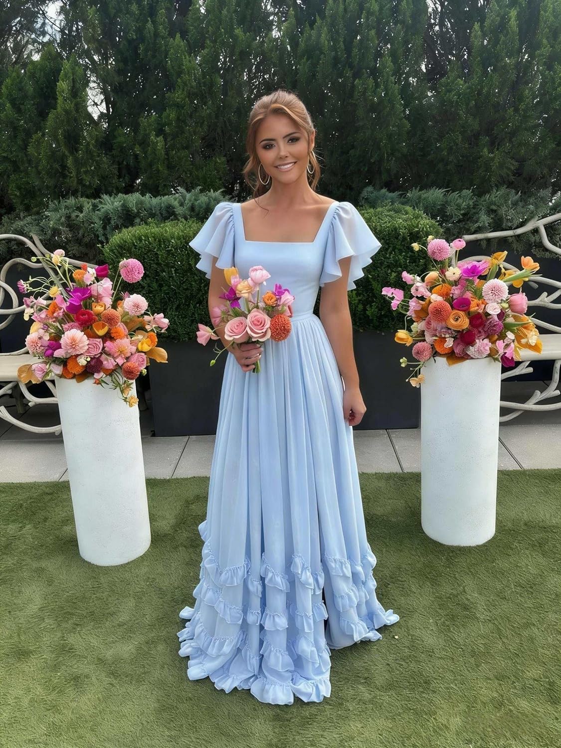 Tiered Chiffon Bridesmaid Dresses for Women with Slit Square Neck A Line Long Formal Maxi Dress - Image 5