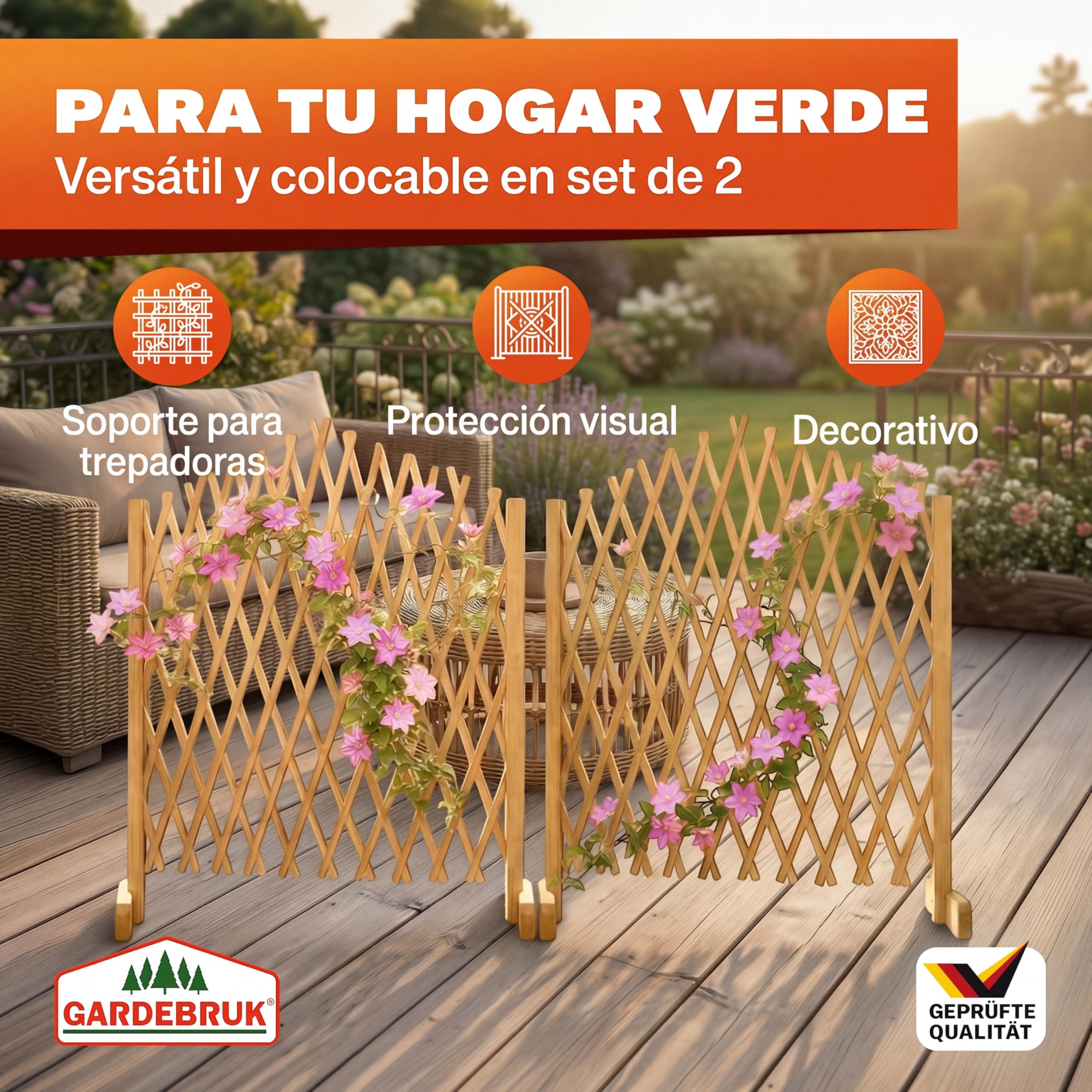 GARDEBRUK® Celosía Extensible 2 uds. Madera hasta 200cm Plantas Trepadoras Enrejado Jardín Valla Separador Terraza