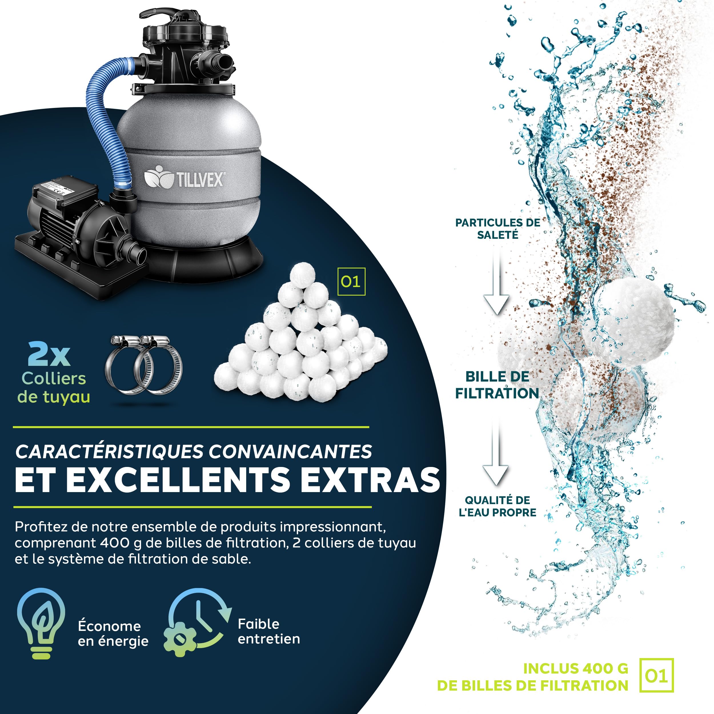 tillvex® Système de Filtre à Sable 7.900L/h + 400g Boules de Filtre | 7 Fonctions de Filtration & Adaptateur 2en1 Ø32-38mm | Filtre de piscine avec indicateur de pression (Gris)