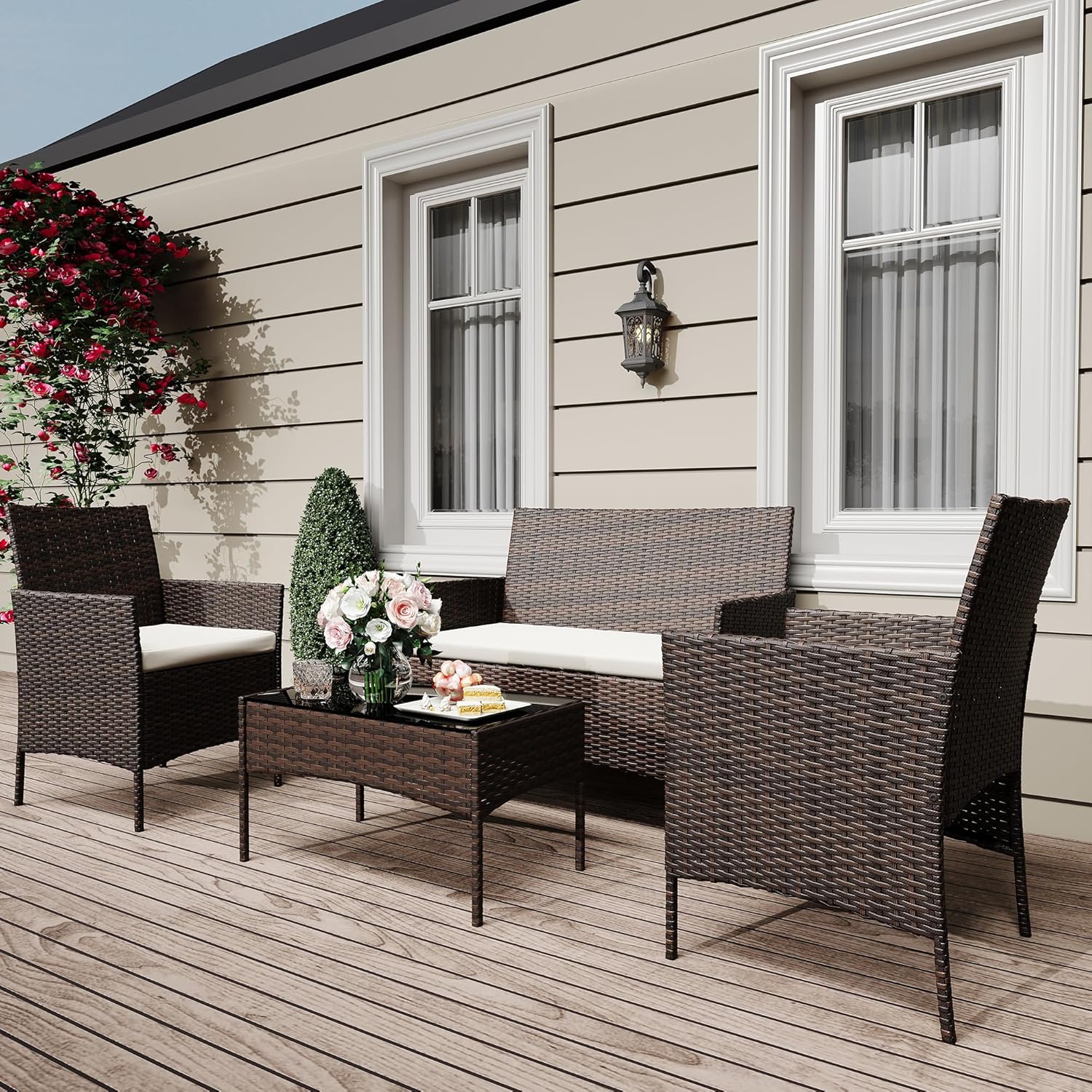 GAOMON 4 Piece Patio Furniture Set, Modern Patio Conversation Set with Glass Coffee Table, PE Wicker & Cushions for Poolside, Deck, Balcony, Brown & Beige