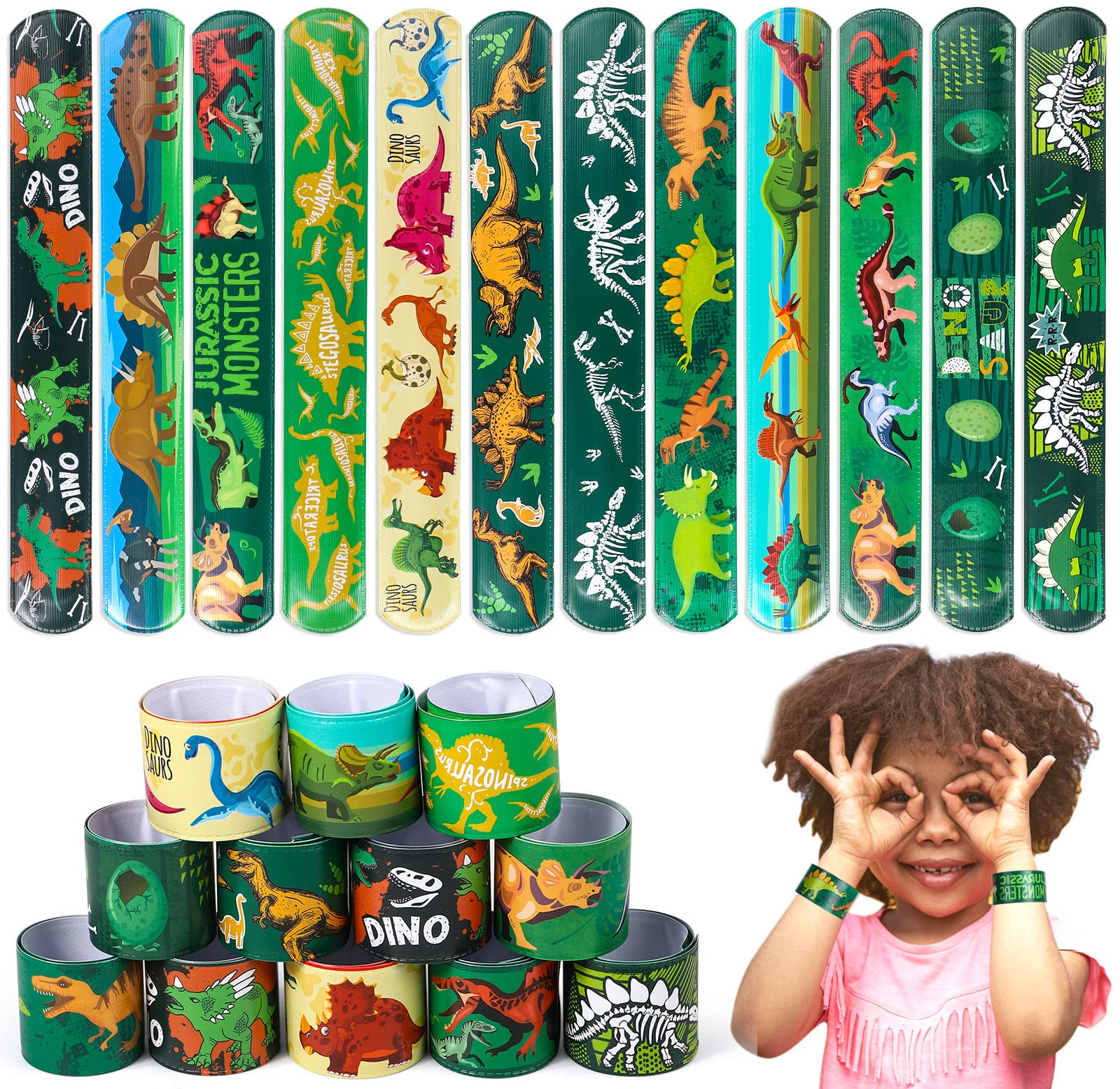 48 Pcs Dinosaur Slap Bracelets for Kids Boys Colorful Dinosaur Print Design Snap Bands Class Prize Birthday Party Favors Decorations Supplies