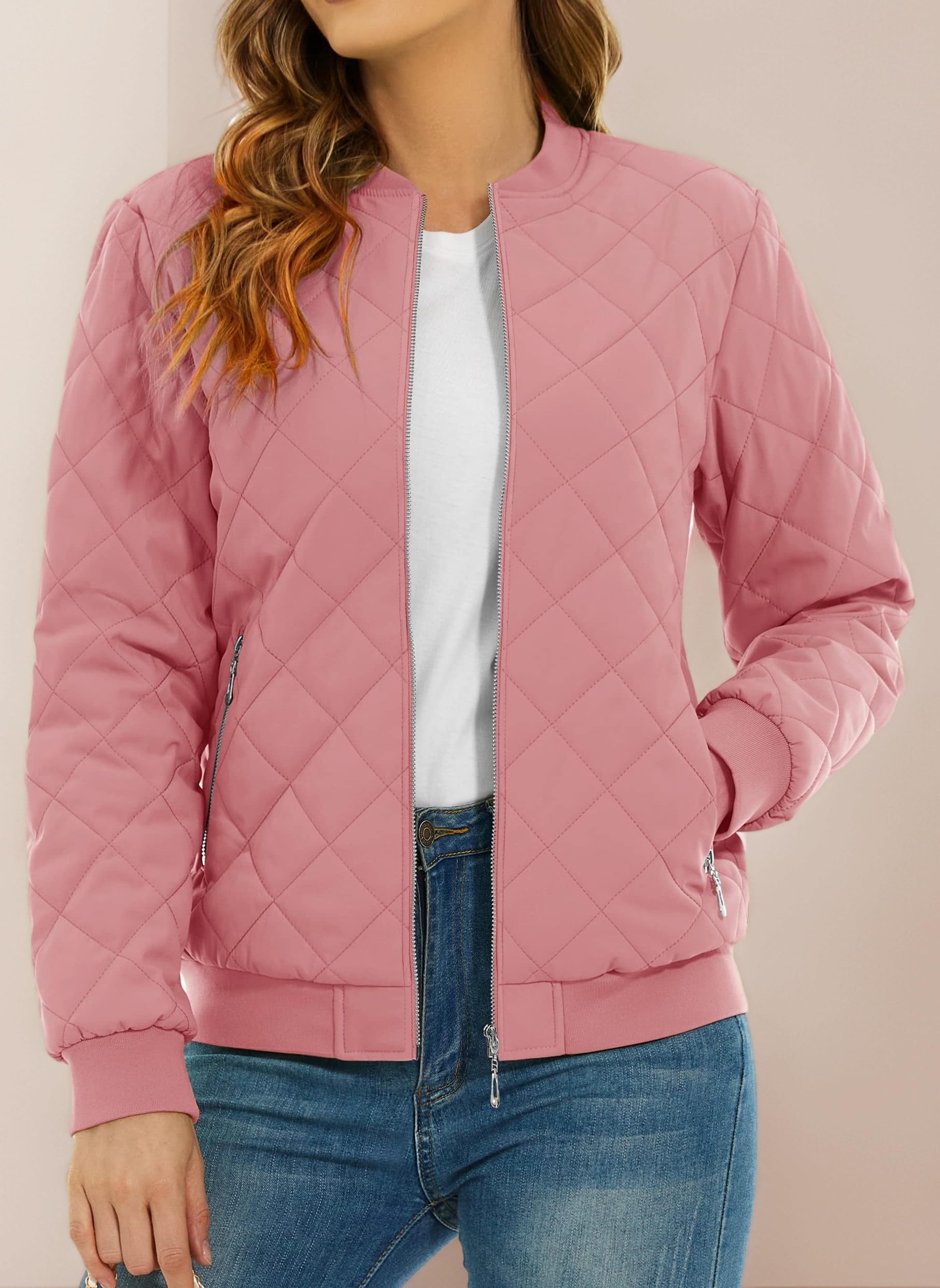 Women's Diamond Quilted Jackets Full Zip Winter Bomber Jacket Padded Coats Casual Warm Jacket with Pockets