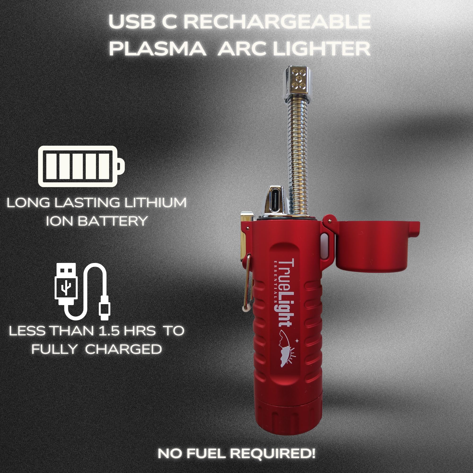 TrueLightEssentials Electric Rechargeable Plasma Lighter - Waterproof USB Arc Lighters with Flashlight LED Battery Indicator and Flexible Neck for Candle Survival Camping Emergency (Red, Long)