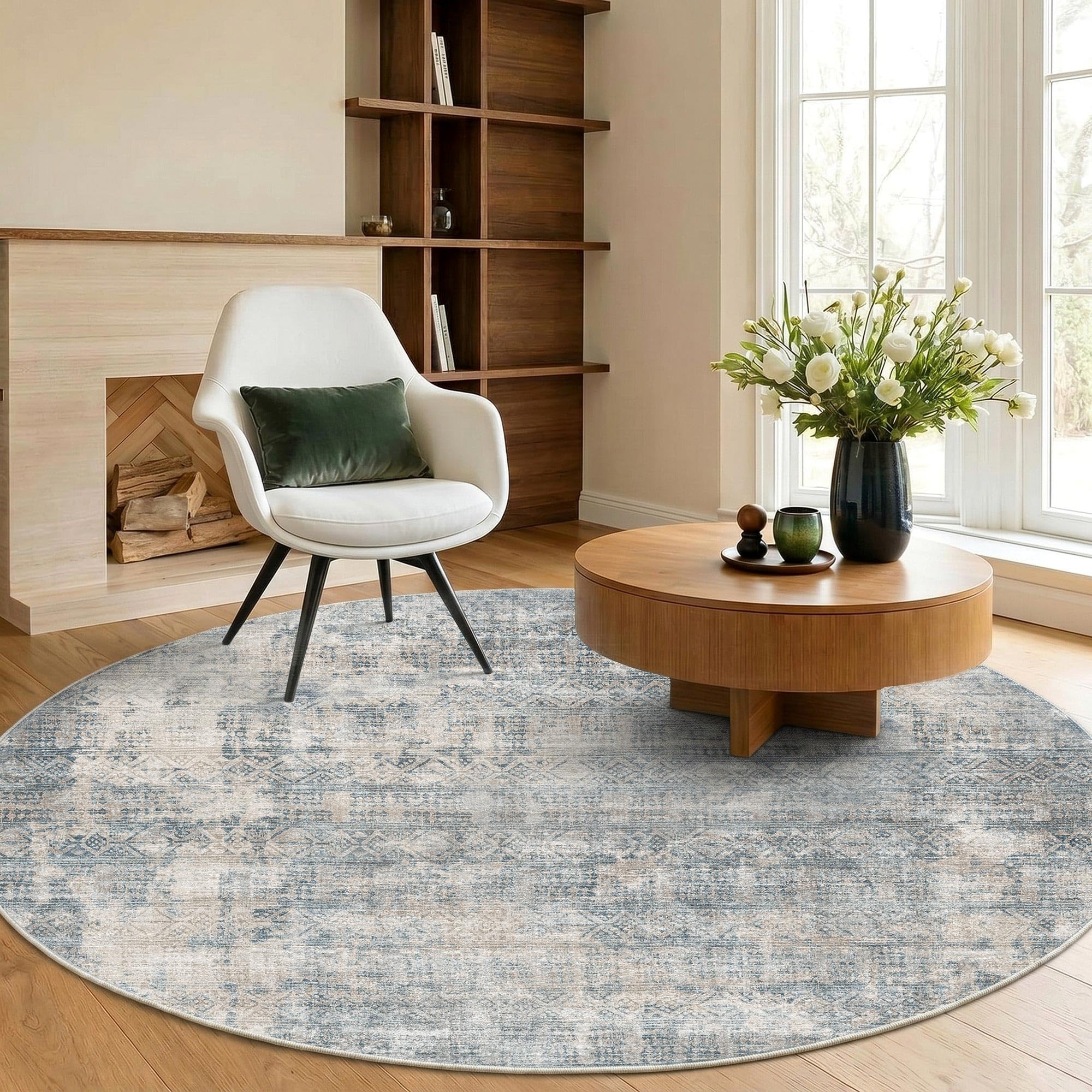 Tapis aspect vintage doux et lavable rond 120cm bleu vert
