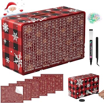 Wooden Money Saving Box, Cash Vault Savings Box for $10000 $5000 $3000 $1000 $800 $500 Target Money Saving Challenge, Reusable Money Box with Counter, Dry Erase Pen/Savings Trackers/Rubber Band-Red