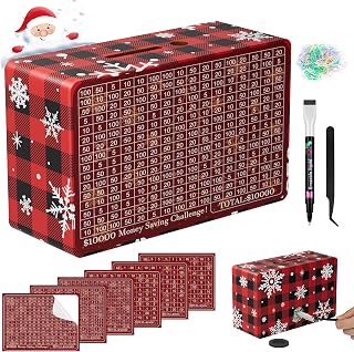 Wooden Money Saving Box, Cash Vault Savings Box for $10000 $5000 $3000 $1000 $800 $500 Target Money Saving Challenge, Reusable Money Box with Counter, Dry Erase Pen/Savings Trackers/Rubber Band-Red