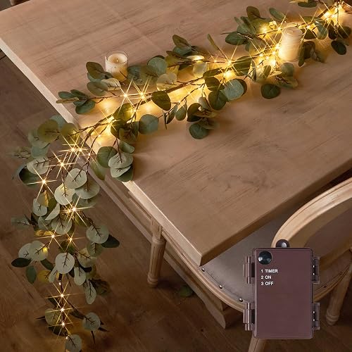 Hairui Lighted Artificial Eucalyptus Garland 6FT 96 LED Battery Operated