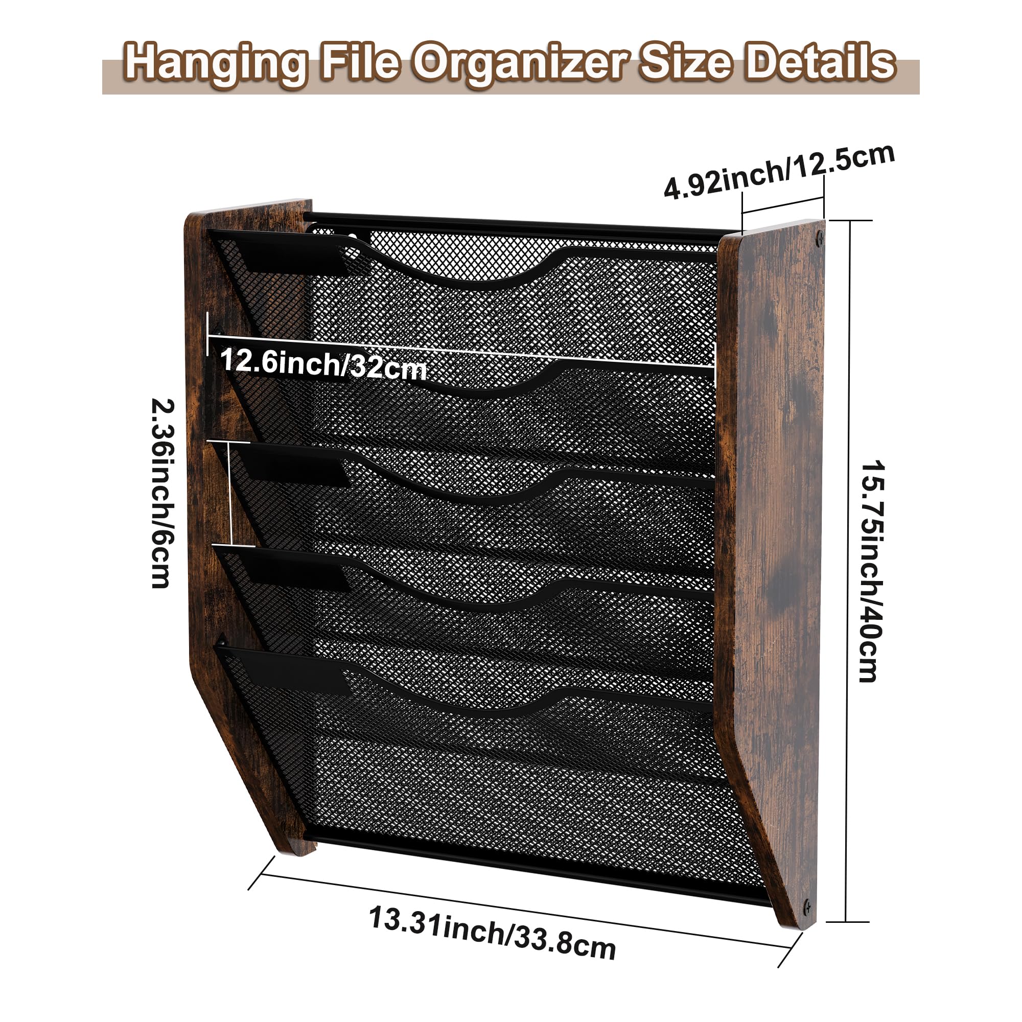 5-stöckig Hängend Zeitschriften Wandhalter,Wandhalterung Aktenhalter,Flyerhalter Prospektspender Metall Holz A4 Zeitschriftenhalter Wand für Büro/school supplies/home,Antik Braun