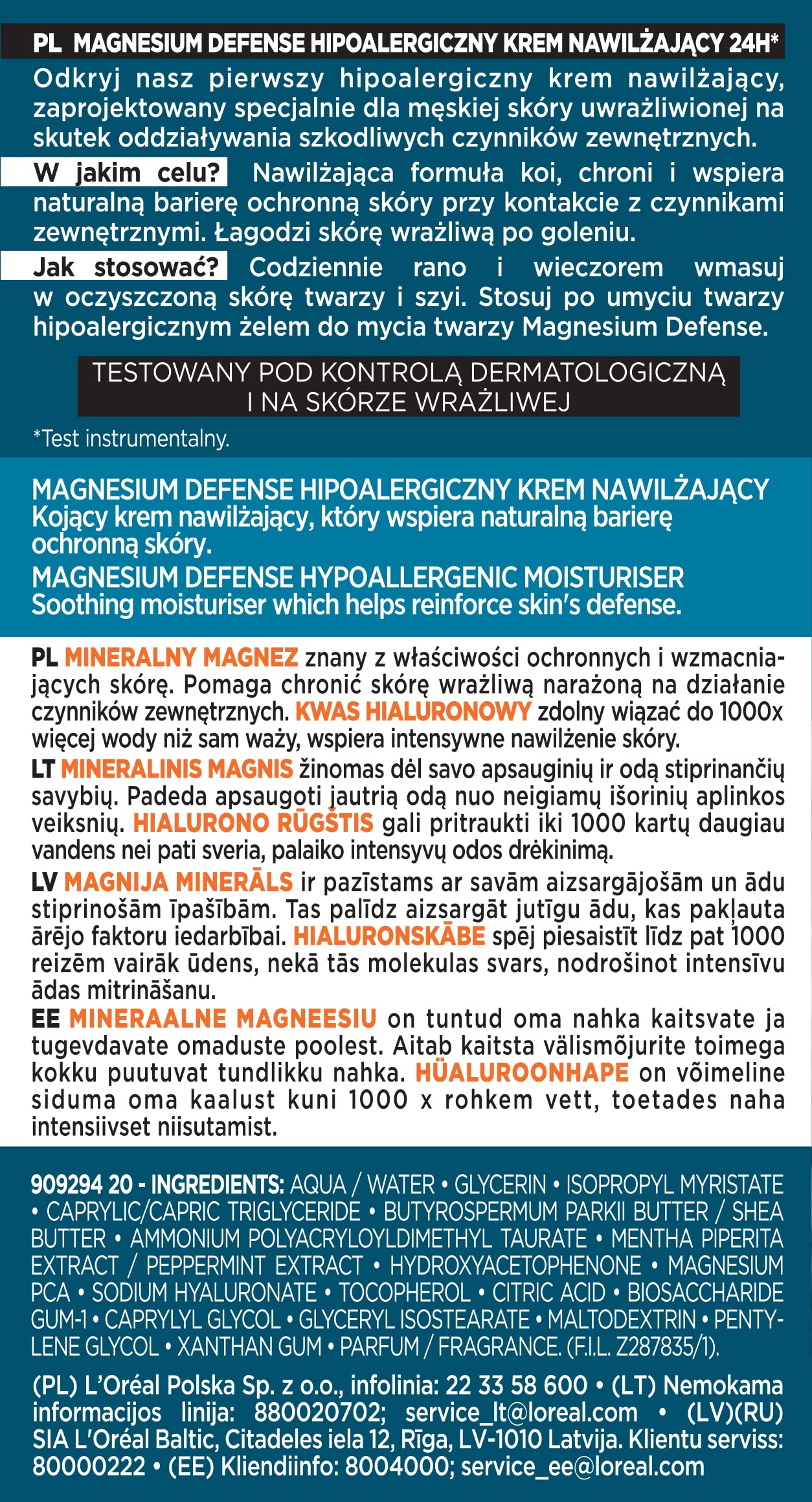 L'Oréal Paris Men Expert Magnesium Defense Hipoalergiczny krem nawilżający 50 ml