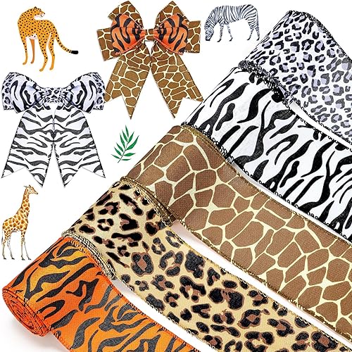 5 rollos de cintas con alambre de animales de la selva de 2.5 pulgadas, decoraciones de fiesta, cinta de arpillera de animales de safari para