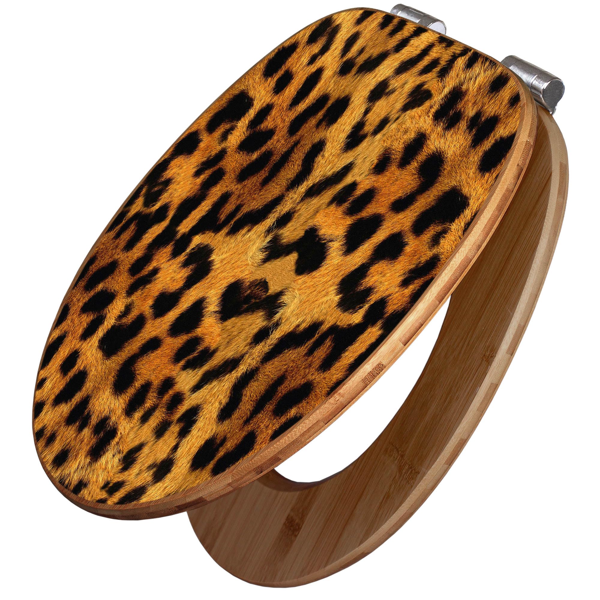 banjado Design WC Sitz Bambus Absenkautomatik 45,8x37,5cm - Toilettendeckel mit Absenkautomatik Holz - hochwertiger Bambus Klodeckel - WC-Sitz für gängigen Toiletten - Motiv Leopard