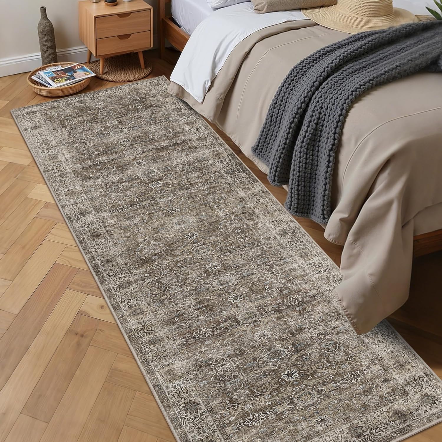 2x5 Brown Grey Vintage Washable Runner Rugs for Hallway Kitchen Boho Hallway Carpet Low Pile Non-Slip Retro Distressed Accent Throw Rug for Entryway Bathroom Bedroom