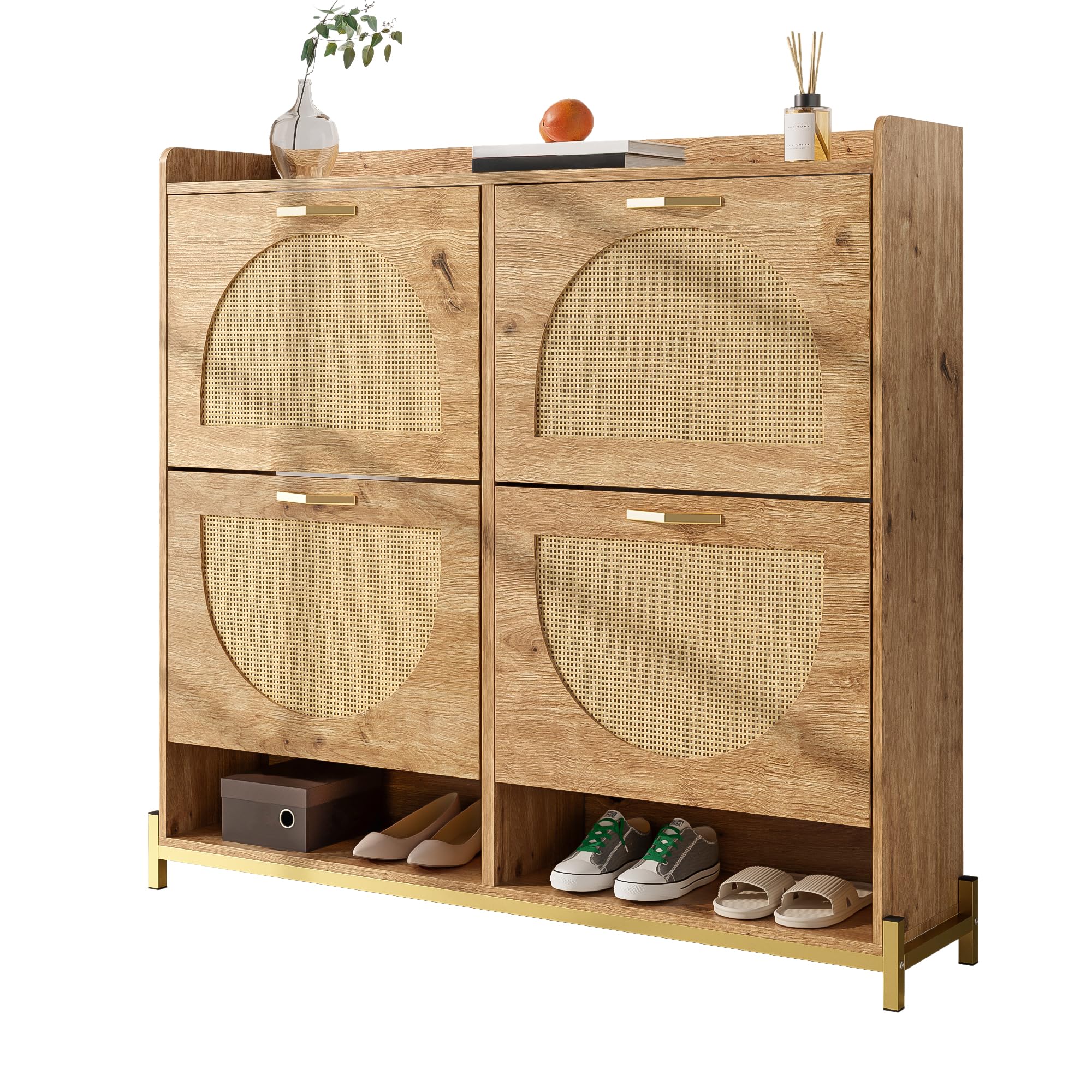 BTM Moderner Schuhschrank mit Rattantüren Schuh Schrank aus Holzl Schuhkipper, Metallrahmen, Sideboard Flurmöbel