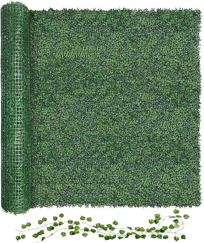 Artificial Boxwood Roll Grass Wall Panels, Greenery Outdoor 48"x120" (40 Sqft) UV-Anti Fake Ivy Privacy Fence Screen for Patio, Balcony, Garden, Backyard, and Fence Decor-Includes 5 PCS 79" Vines