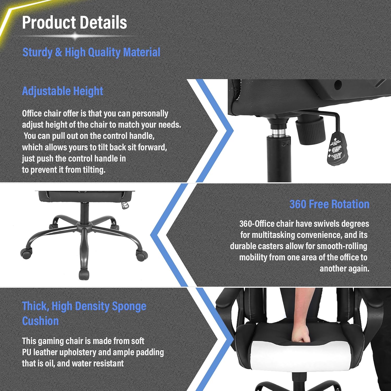 24/7 Shop at Home Orchid Faux Leather Seat Reclining Ergonomic Gaming Chair with Adjustable Arms for Recreation Room, Black and White image 7 of 8 B0CGGJR7ZW