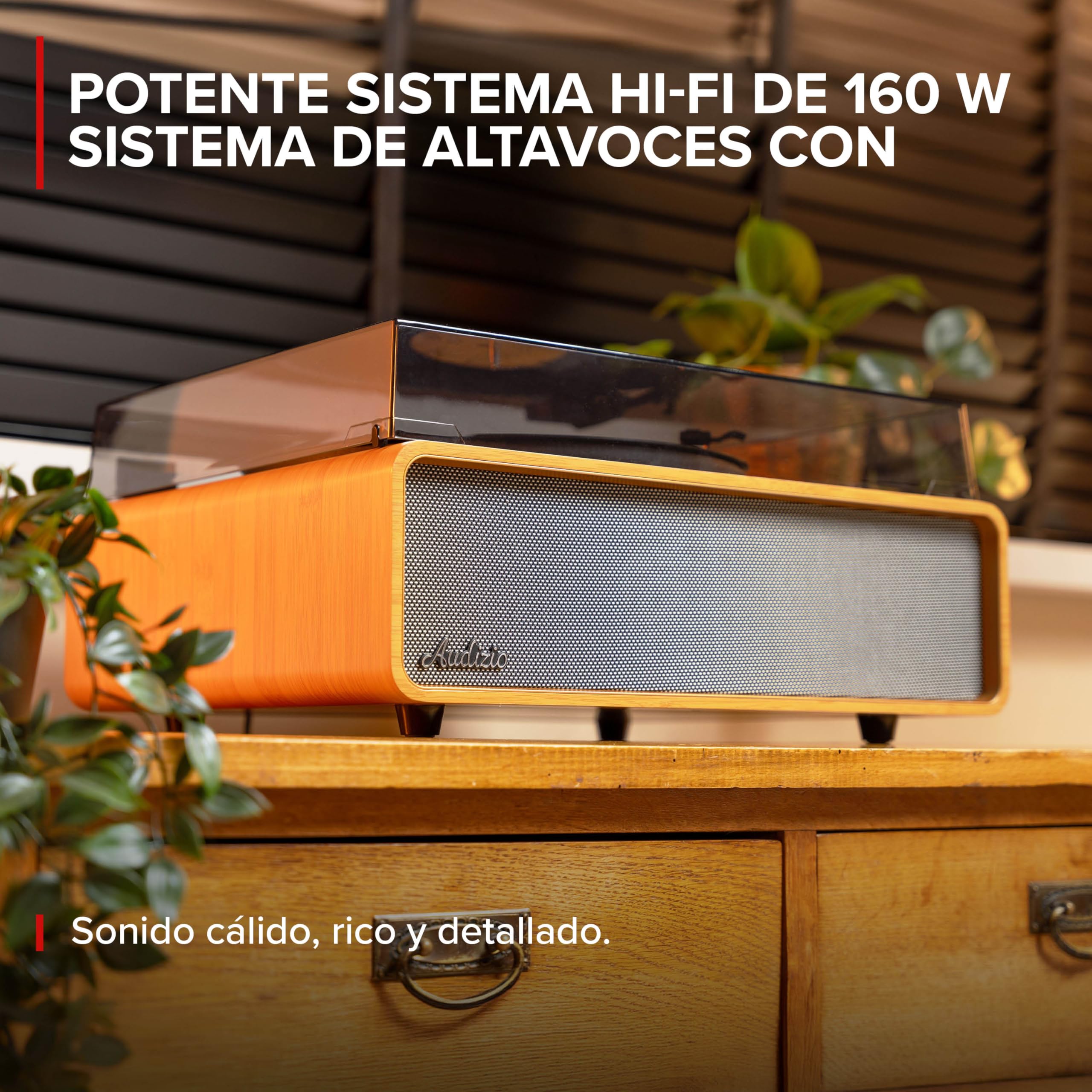 Audizio Laredo – Tocadiscos de Vinilo Bluetooth con Altavoces HiFi 160W, cápsula Audio Technica, Gira Discos con Plato de 29 cm, giradiscos Vinilo con RCA y BT in/out, Acabado en bambú