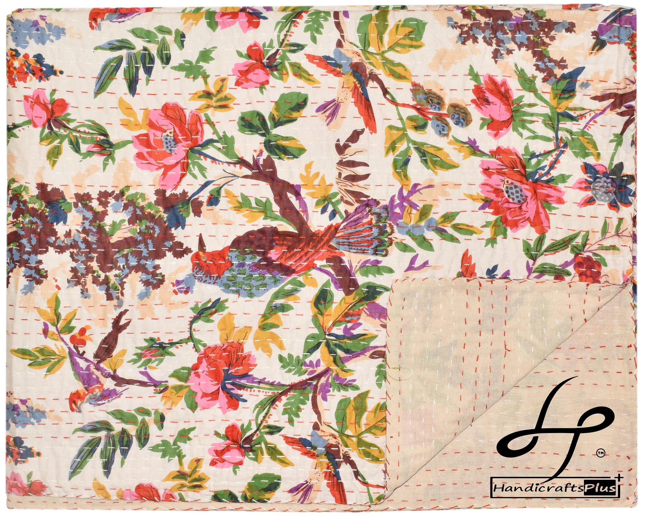 Handicrafts Plus Beautiful Bird Print Coverlet White Color Kantha Home Decor Bedsheet King/Queen Size Kantha Bedding 90x108''