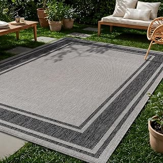 Beverly Rug Large Outdoor Rug 9x12 Modern Bordered Area Rugs for Indoor and Outdoor Patio Deck Porch Garden Waterproof Weather Sun Resistant Washable Outside Carpet (9 x 12 Silver)