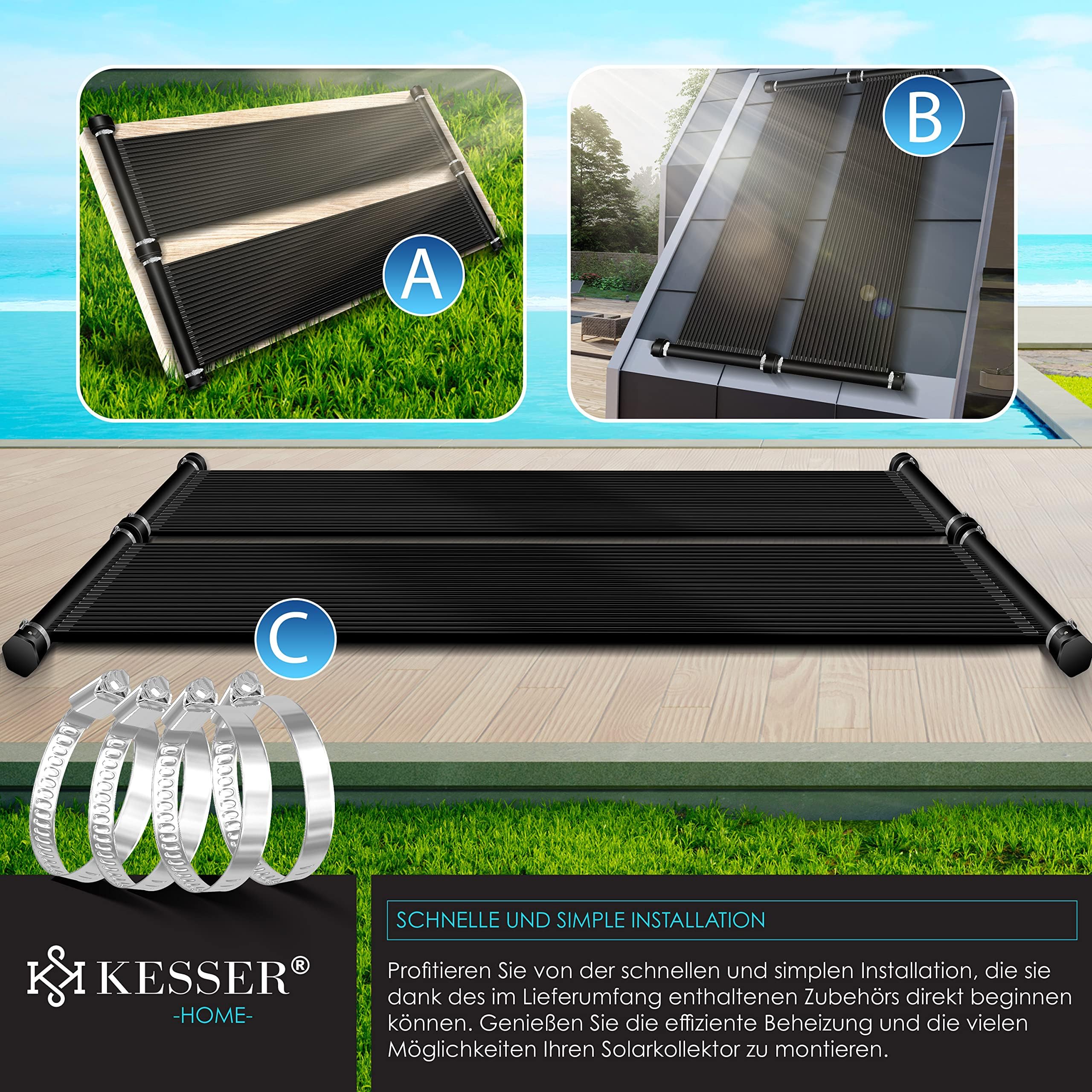 KESSER Solarkollektor Poolheizung 300x70 cm Solar Poolheizer bis 12.000L UV-beständiger Kunststoff