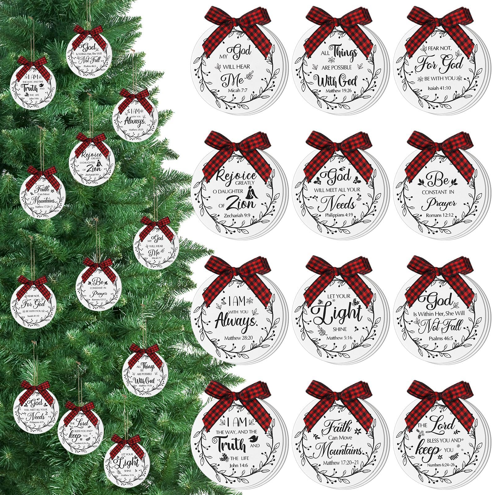 Soaoo48 Pcs Christmas Bible Verses Ornaments Christmas Wooden Hanging Sign with Buffalo Plaid Bow and Ropes for Xmas Tree Christmas Religious Christian Gifts Church Supplies Home Decor