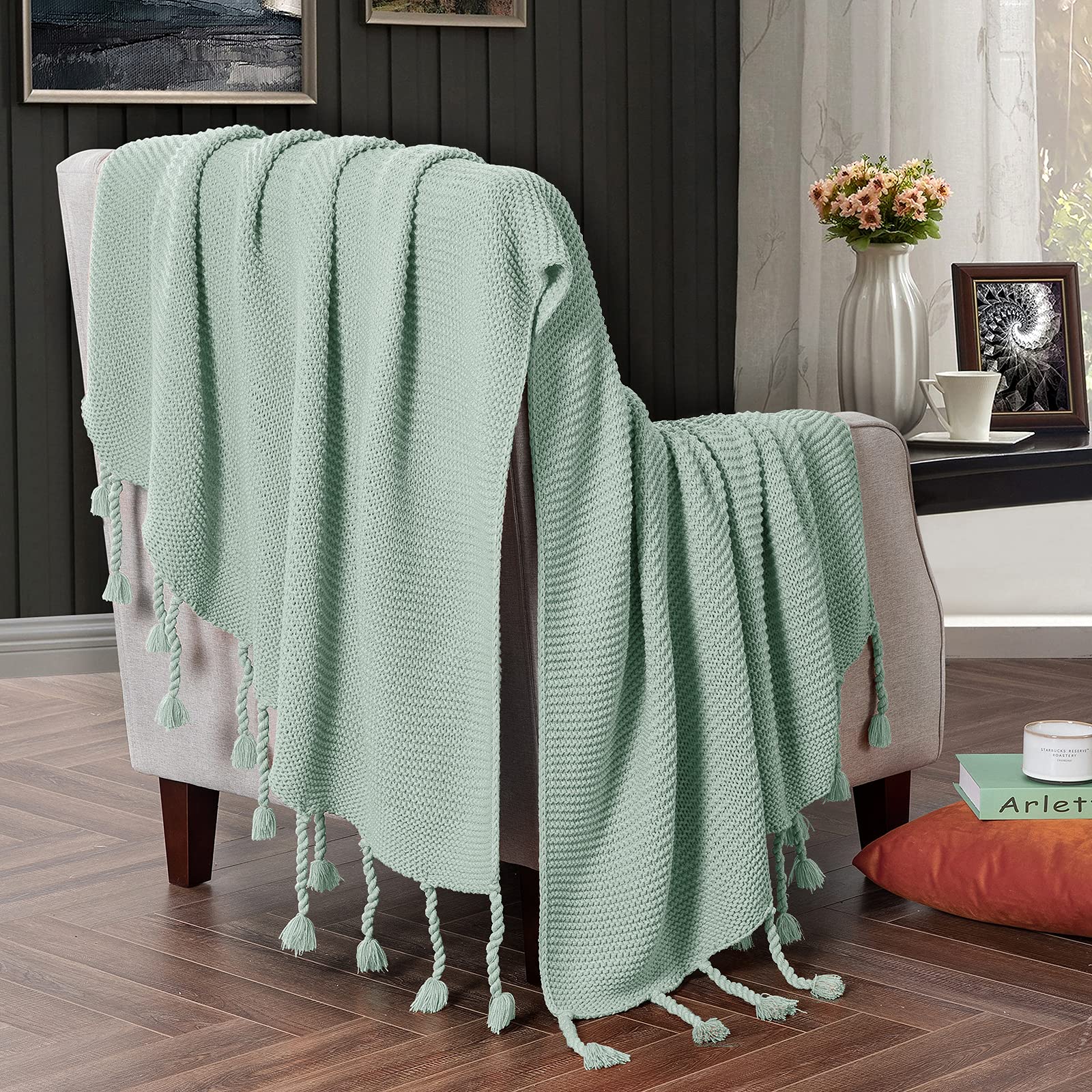 RUDONG M Knitted Throw Blanket with Fringe, Sage Green Knit Throw Blanket  for Couch Bed Sofa 50 x 60 Inch : Amazon.co.uk: Home u0026 Kitchen