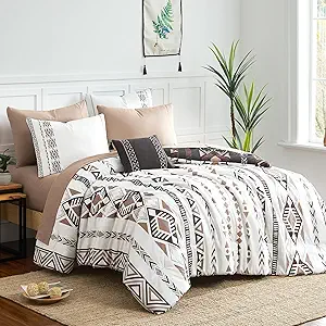 Geniospin Oversized Queen Comforter Set - 7 Pieces Reversible Bedding Set, Boho Bed in A Bag, Lightweight Soft Aztec Bedding, All Season Bed Comforter Set with Sheets, Pillowcases & Shams