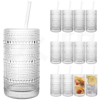 Dingerjar 2024 Upgraded Large Capacity 16 oz/480 ml Hobnail Glasses Drinking Set of 12 - Heavy Vintage Glassware