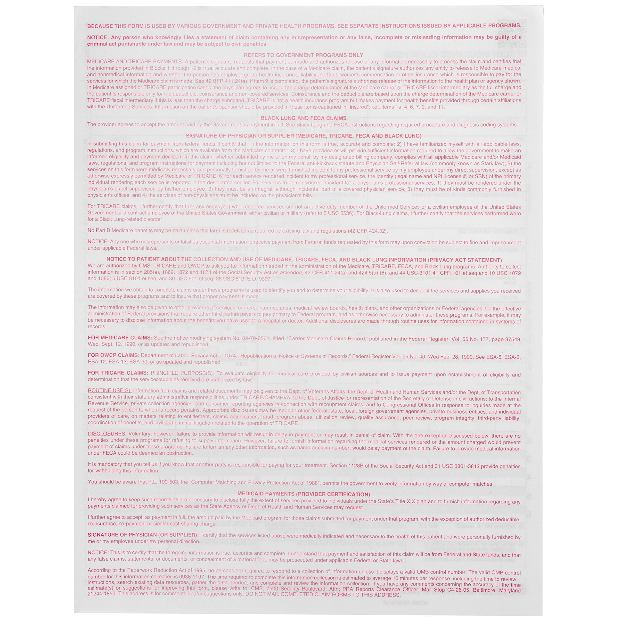 Blue Summit Supplies 500 formularios de reclamación CMS-1500 - Versión Actual HCFA 02/2012 - Los formularios se alinearán con Software de facturación y Compatible con láser - 500 Hojas - 8.5 Pulgadas