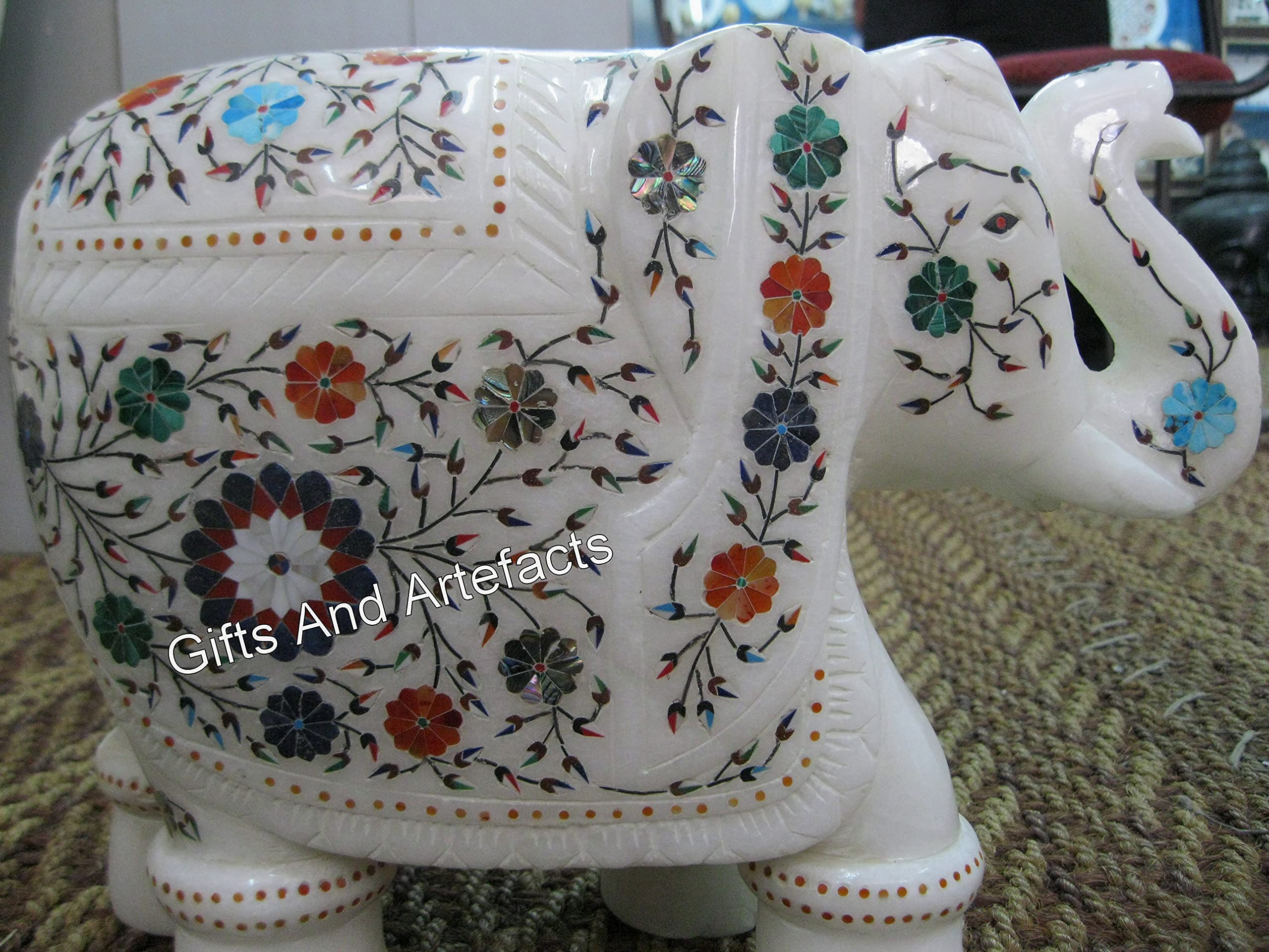 Estatua de elefante de mármol blanco con incrustaciones de piedras naturales, figura de elefante de prosperidad de 10 pulgadas para decoración de oficina y sala de estar, regalo para el día de San