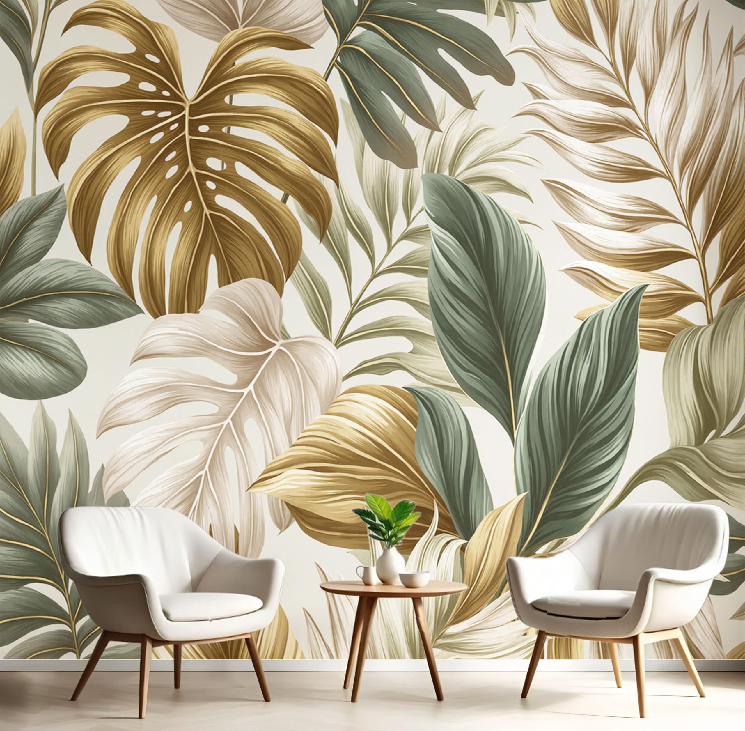 Papier peint panoramique plante tropicale 400x280 beige en soie