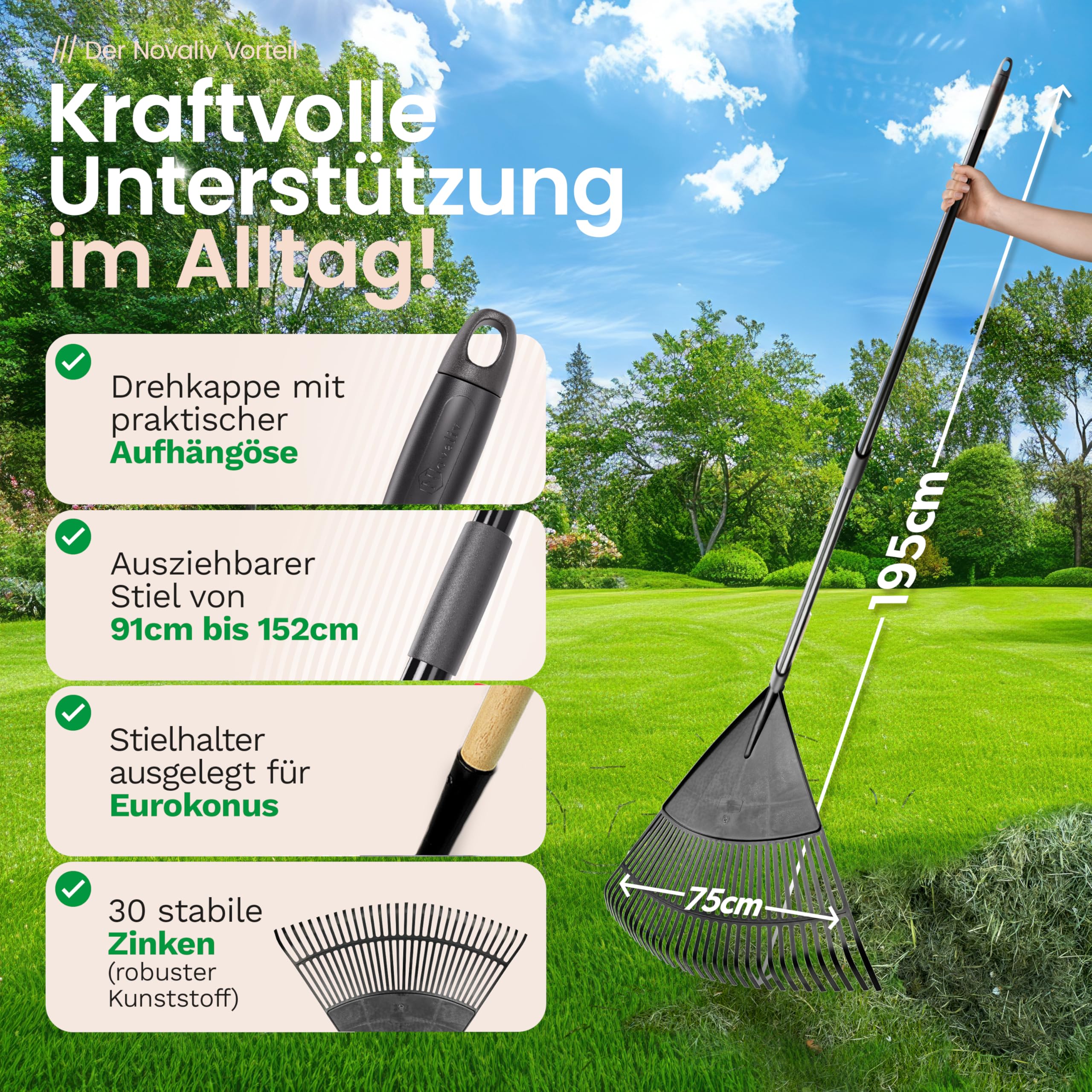 Novatool 2X Laubbesen mit Teleskop-Stiel bis 152cm, Laubfeger mit 30 Kunststoff-Zinken, Rechen Arbeitsbreite 75cm, Laubrechen, Gartenbesen, Rasenrechen, Harke, Landschaftsbesen, Gartengerät Schwarz