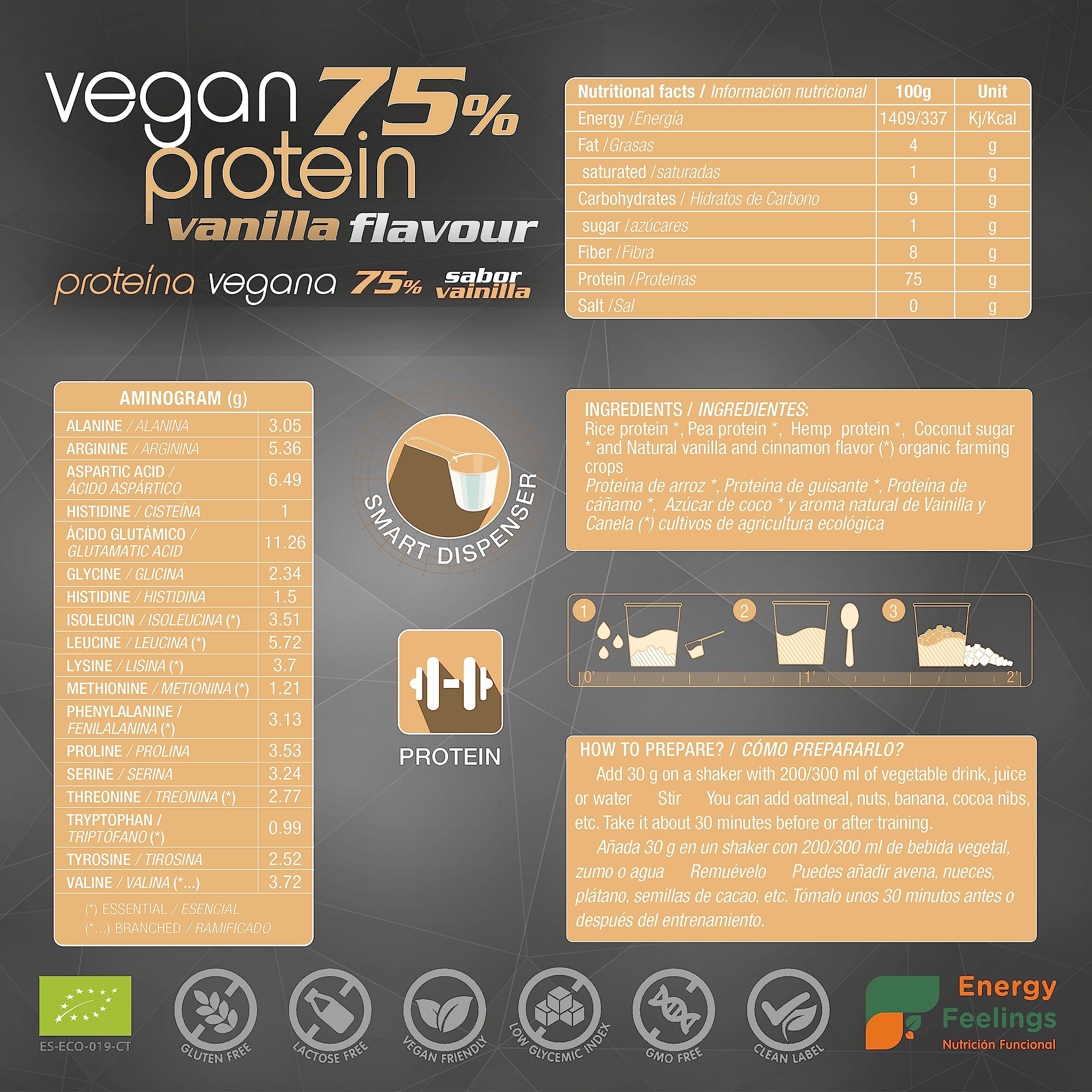Energy Feelings Proteina Vegana 75% Premium sabor vainilla - 1.5 Kg rica en BCAA ingredientes de máxima calidad ecológica
