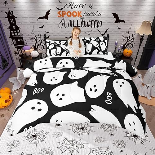 Miniatura 9 de Juego de edredón de cama con temática de Halloween, tamaño Queen, juego de ropa de cama de microfibra súper suave estilo caricatura púrpura para