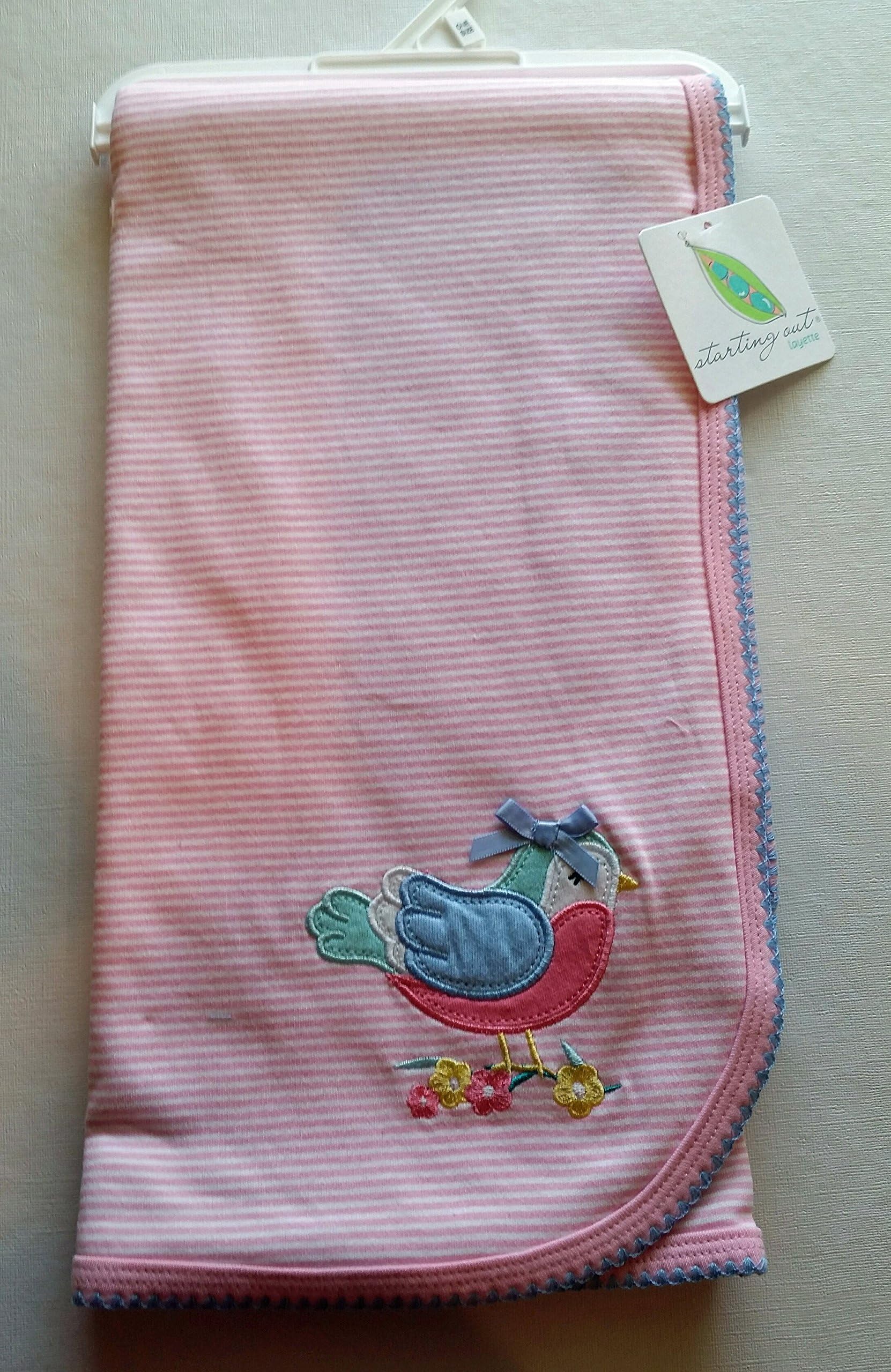 Layette Reversible "Bird" Blanket (Pink/White Stripe & Pink/White Dots)